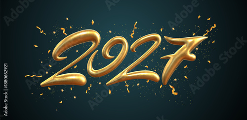 Happy New Year 2027 golden cute hand drawn doodle lettering postcard design. Hello 2027 gold logo. Holly jolly, tis the season festive typography for greeting card, invitations, posters, holiday decor