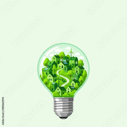 Light Bulb with Green Eco Friendly Landscape.
