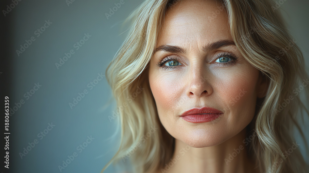 Naklejka premium Captivating portrait of a woman with wavy blonde hair and striking blue eyes, radiating confidence and beauty in natural light.