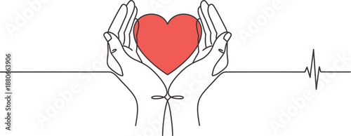 Minimalist continuous line art depicts cupped hands gently protecting a vibrant red heart above a subtle electrocardiogram line representing health and care.