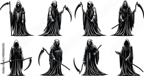 Grim reaper vector set featuring hooded skeletons with scythes, spooky death personified character illustrations for gothic horror design and halloween themed art