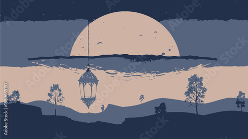 Serene Night Landscape with Lantern