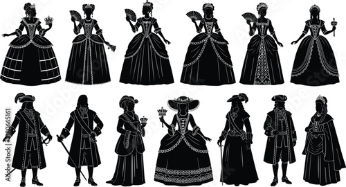 Historical royal silhouettes collection featuring 18th century kings and queens in ballgowns and baroque costumes with crowns, fans, and swords for vintage vector illustration.