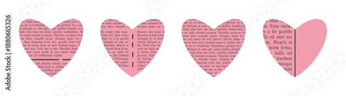 Collage valentine pink heart set with newspaper, ripped cutout. Valentine's day grunge elements, paper rip torn for scrapbook, wedding, stickers, love posters. Hand drawn vintage isolated vector illus