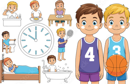 Children daily routine activities vector illustration showing boys hygiene, eating, sleeping, sports, and time schedule concept for healthy lifestyle and childhood education