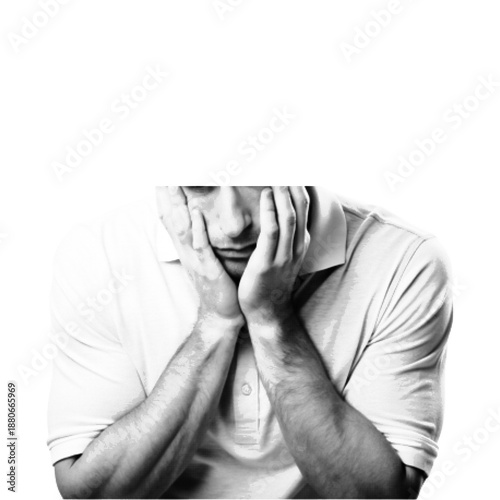 Black and white halftone illustration of a man holding his neck in pain, isolated on white background. Minimalist retro style concept of neck pain, stress, muscle tension, and health problem.