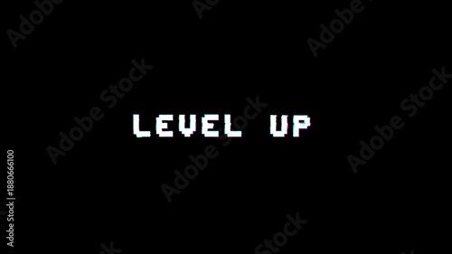 Level Up Text Looping Glitch Animation. 4K Pixel Font Gaming Overlay with Alpha Channel