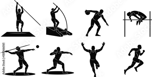 Athletics silhouette set, track and field athletes performing jumps throws sprints, sports competition poses, black vector icons, isolated white background