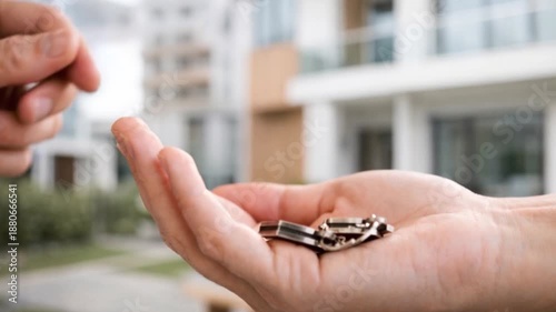 Real estate agent handing over house keys to a new home owner concept.
