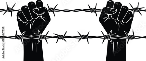 Raised fists breaking barbed wire illustration, freedom protest symbol, human rights resistance co