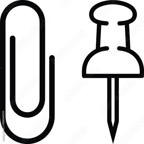 Essential office supplies: a classic paper clip alongside a sharp push pin icon