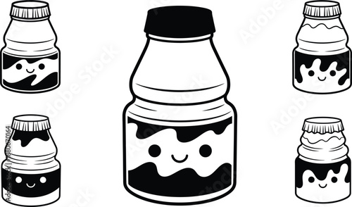 Cute cartoon yogurt bottle mascot vector illustration set with happy face and dairy splash silhouette icon for healthy probiotic branding design.