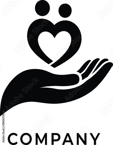 This logo design features a stylized hand supporting two figures forming a heart shape. It symbolizes compassion, support, and community engagement. Ideal for organizations focused on care, social ser