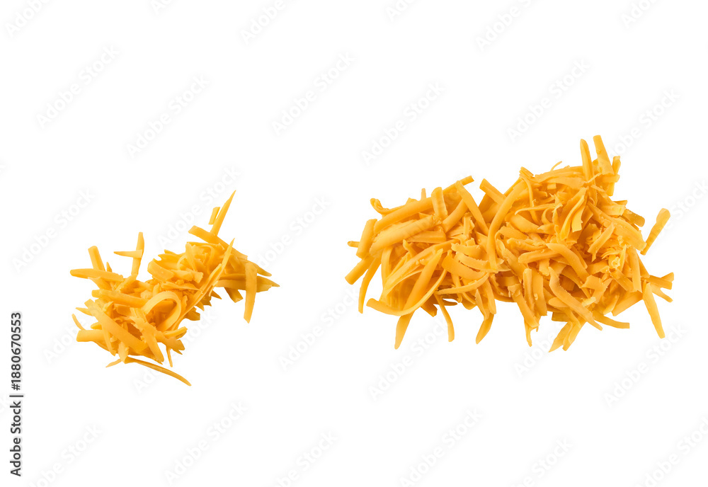 Fototapeta premium grated cheddar cheese isolated on a white background, top view.