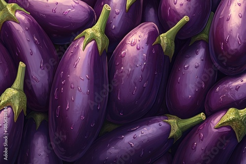 Eggplants close-up. Purple eggplants in water drops. vegetables