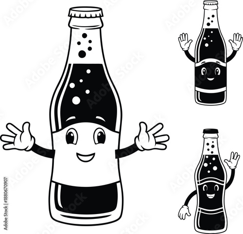 Cute cartoon soda bottle mascot vector illustration with open arms and happy face silhouette icon for soft drink branding design.
