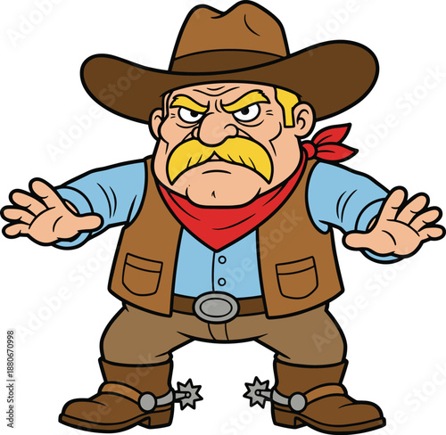 Angry cowboy character vector illustration, grumpy western sheriff style portrait, stern mustached man wearing wide brim hat, bandana and spurs, showdown ready, editable vector
