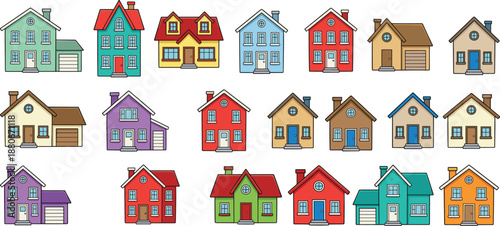 Colorful residential houses vector set showcasing charming suburban homes in varied architectural styles, detached cottages, garages, windows, doors, editable layered illustration