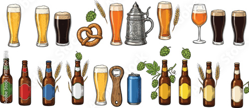 Craft beer illustration set featuring lager, ale, stout glasses, bottles, hops, barley and brewery accessories, hand drawn vintage style, alcohol drink collection, vector