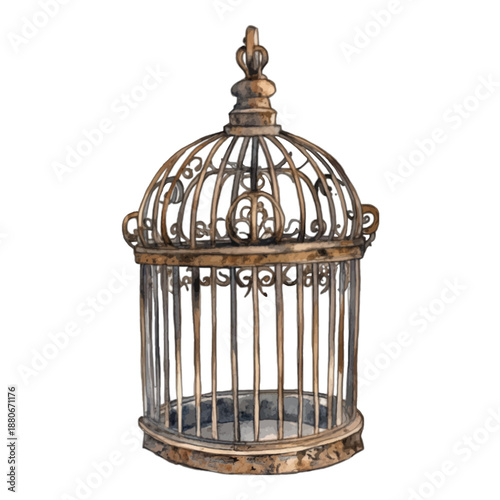 Watercolor Vintage Ornate Metal Birdcage Illustration
