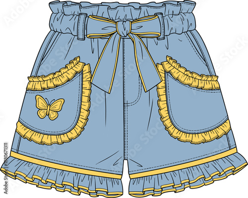 Cute ruffle denim shorts vector illustration, high waist paperbag shorts with bow belt, butterfly pocket detail, fashion flat technical drawing for apparel design