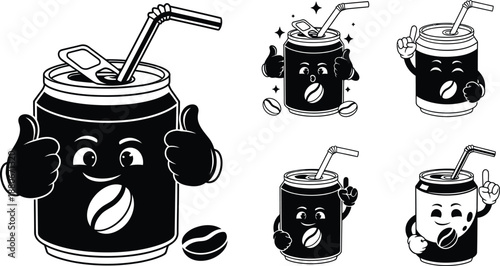 Cute cartoon coffee can mascot vector illustration with straw and thumbs up gesture for caffeine beverage branding icon design.