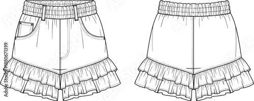 Front and back ruffle skirt vector illustration, detailed fashion technical drawing, elastic waist mini skirt flat sketch for apparel design