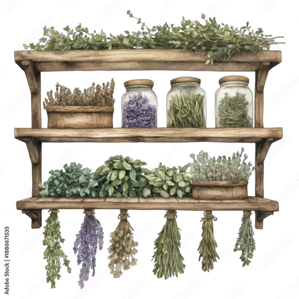 Fototapeta premium Watercolor Illustration of Rustic Wooden Herb Drying Rack Shelf with Jars and Hanging Herbs 