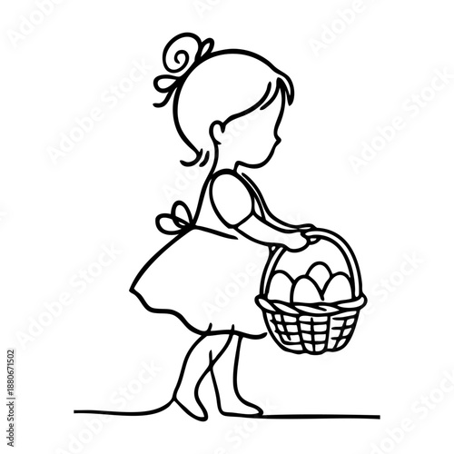 Dibujo de trazo único de una niña sosteniendo en la mano una cesta llena de huevos de pascua, buscando dulces