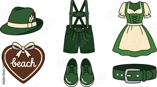 Oktoberfest traditional Bavarian clothing set illustration with lederhosen, dirndl dress, alpine hat, shoes, belt and gingerbread heart