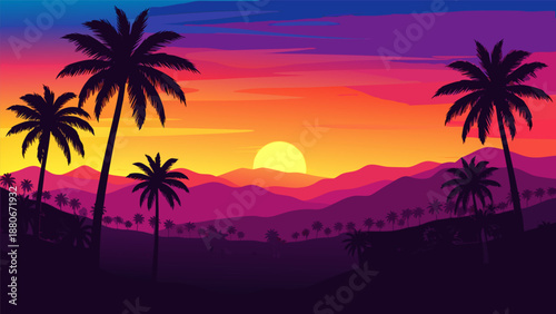Vibrant sunset over mountains with palm trees in a vector illustration style