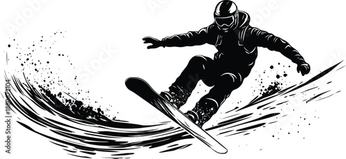 snowboarder silhouette performing extreme winter sport action with bold black and white ink splash motion effect isolated on white background modern freestyle snowboarding illustration for poster