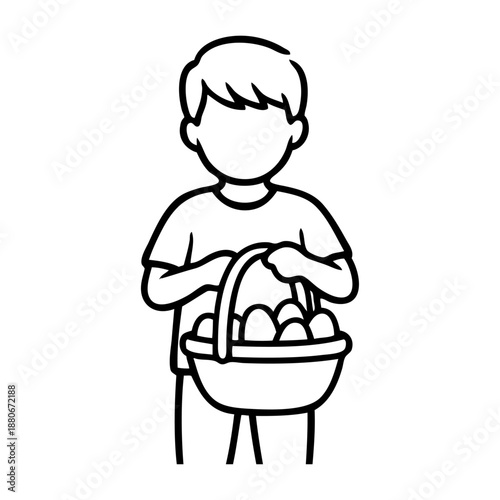 Dibujo sencillo de un niño de pie sosteniendo en la mano una cesta llena de huevos de pascua, buscando dulces