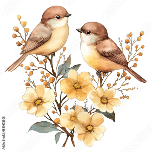 Foto Watercolor Illustration of Two Small Birds on Branch with Yellow Flowers