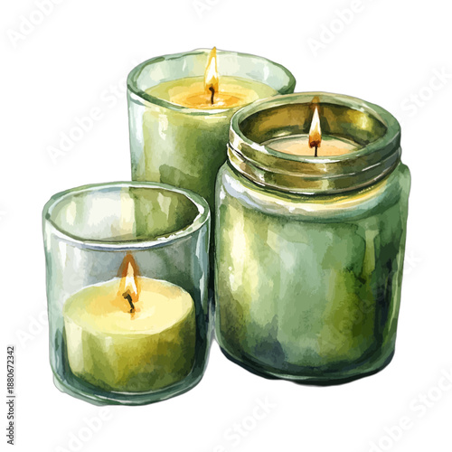 Watercolor Painting Illustration of Three Lit Scented Candles in Glass Jars
