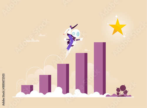 Concept of artificial intelligence support, business growth, teamwork, and success, robot help a businesswoman climb growth graph, AI technology helps Economic growth