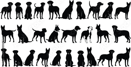 Dog Silhouettes Set with Different Breeds and Poses, Black Animal Outline Collection, Domestic Pet Dogs Standing and Sitting, Minimal Vector Illustration Isolated on White Background