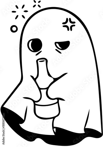 Humorous line art illustration of a disgruntled ghost holding a bottle, portraying a tipsy specter experiencing a spectral celebration aftermath