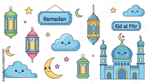 Cute Ramadan and Eid Al Fitr Islamic Elements: Mosque, Lanterns, Clouds, Moon, Stars