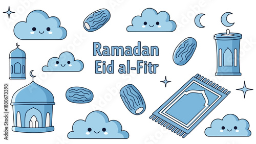 Cute Ramadan and Eid al-Fitr elements: clouds, dates, mosque, lantern, prayer mat, crescent moon