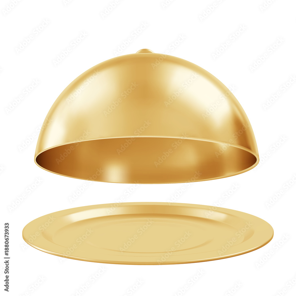 Fototapeta premium 3D golden cloche hovering over empty plate, luxury dining service concept with elegant metallic reflection, isolated on transparent background