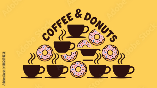 Delicious coffee and donuts arranged in a pyramid on a yellow background