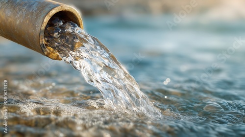 Rusty drainage pipe discharging runoff into water, illustrating stormwater management erosion control by conveying and redirecting flow to reduce soil loss.