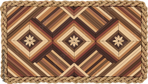 Elegant geometric wood parquetry pattern with decorative floral inlay, textured timber planks, rope border frame, and flat vector woodworking illustration.