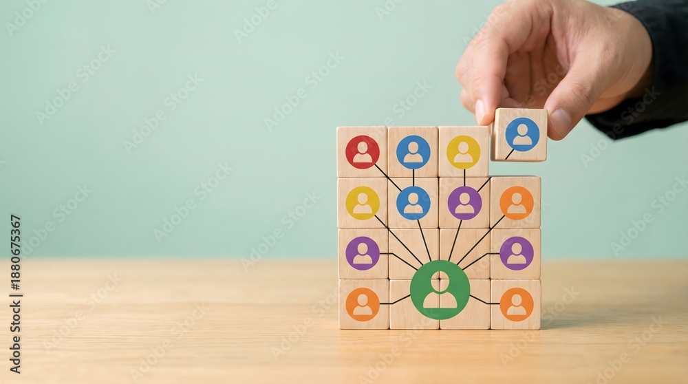Fototapeta premium teamwork concept with wooden blocks and human icons