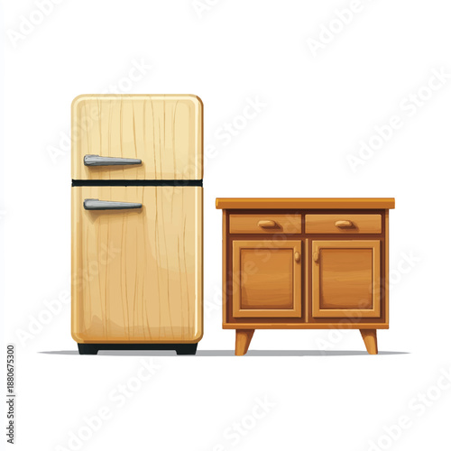  Retro wooden refrigerator and matching cabinet on white background
