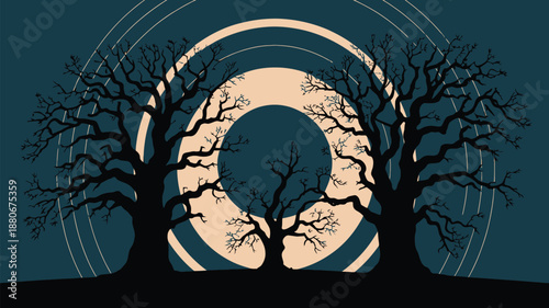 Bare trees silhouetted against a large moon with circular light trails