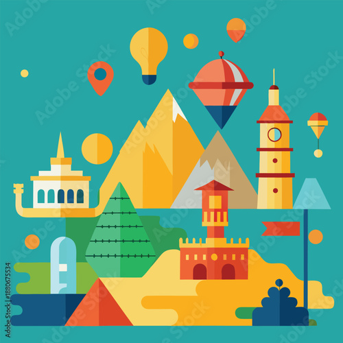 Flat travel landscape illustration with landmarks mountains and hot air balloons