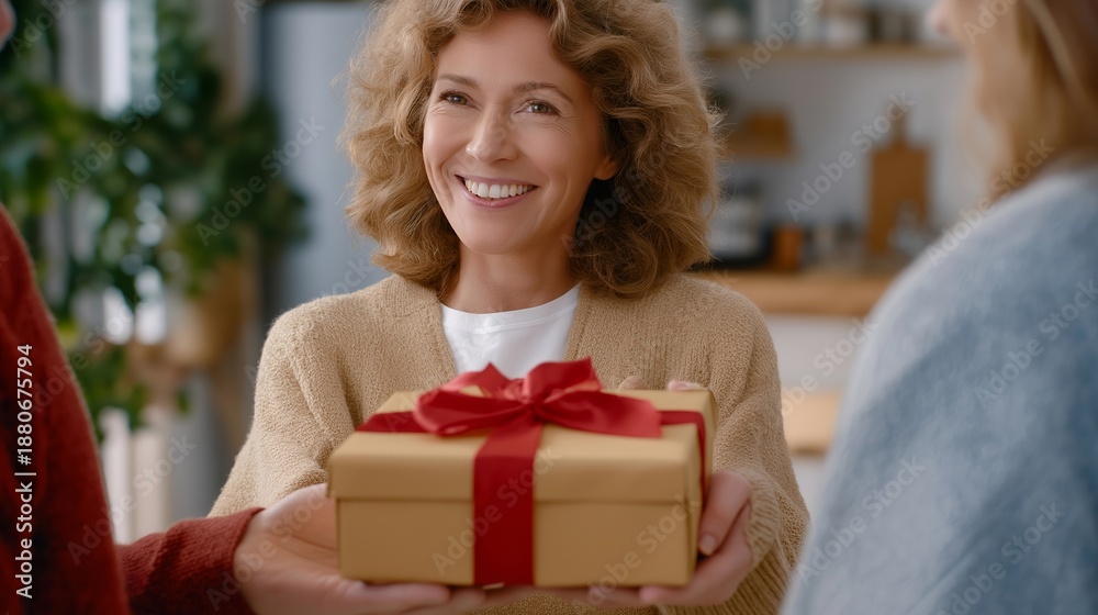 Fototapeta premium Housewarming celebration showing people giving gifts to new homeowners, welcoming energy, clean interior, optimism, connection, friendship and everyday success lifestyle concept cinematic color