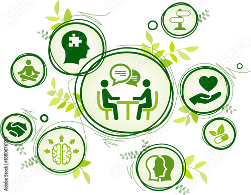 Holistic mental health vector illustration. Green concept with icons related to therapy & support / emotional balance, positive energy, relaxation, clarity, natural energy / somatic healing.